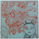 Painting on blue-tan toned background of a surprised looking cat dressed formally. A red dragon head flies nearby, taking up most of the piece.