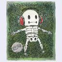 Illustration of a small cartoon skeleton sitting in grass listening to a portable CD player with red headphones.