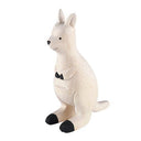 Smooth white wooden figure of a kangaroo with black hand and feet coloring.