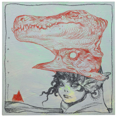 Painting on bluish gray background of an androgynous person looking at the viewer. A red crocodile head stacked atop a red bird head are on the person's head.