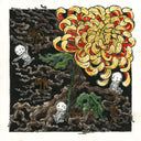 Ink and watercolor illustration of 3 small cartoon skeletons holding a giant yellow and red chrysanthemum in front of a barren tree with many gnarled branches.