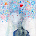 Illustration on off white background of a woman with a simplistically drawn face and thin line art for hair. Blooming out the top and covering the entire top half of the piece are several flowers of all different colors, though mainly blue.