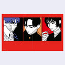 Three illustrated characters in a grid layout with a red border on a white background