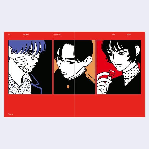 Three illustrated characters in a grid layout with a red border on a white background