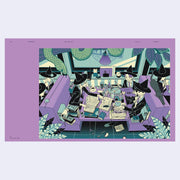 Illustration of people in black outfits with hats sitting around a table on a purple border.