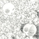 Graphite illustration of a celestial scene with a cartoon sun and a cartoon moon opposite one another like yin and yang.