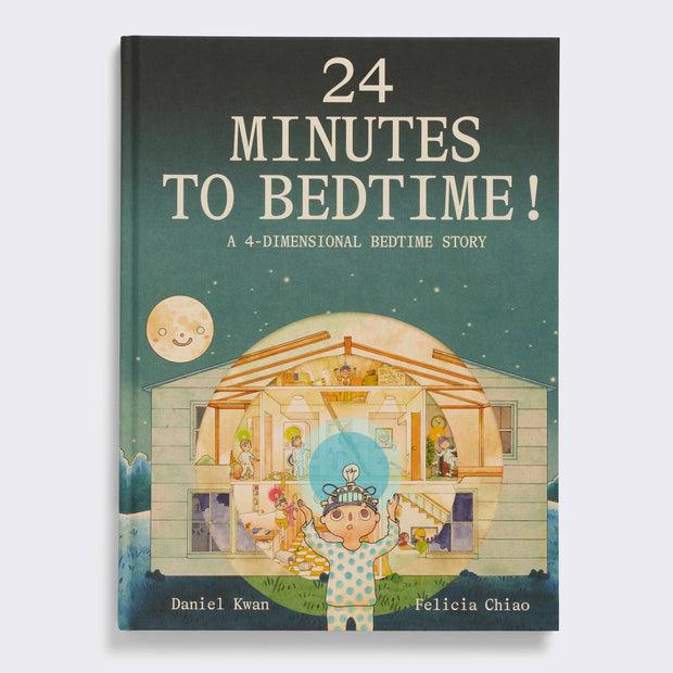 Closed hardcover book with "24 Minutes to Bedtime!" written in cream colored all caps font in the top center, above an illustration of a small character with a makeshift device on his head, with a busy household cross section in the background.