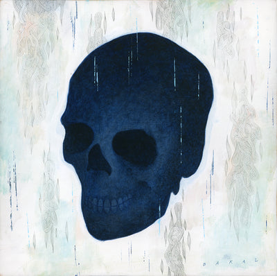 Dark blue skull on an off-white background with subtle abstract line art.
