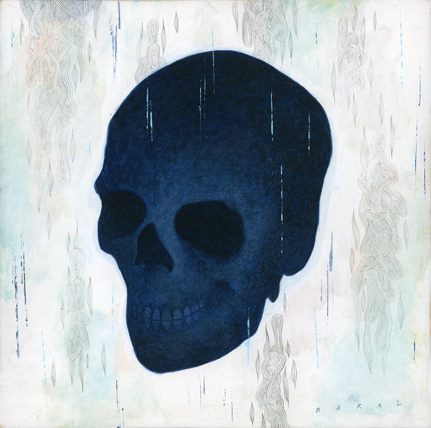 Dark blue skull on an off-white background with subtle abstract line art.
