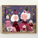 Framed folk art style painting in pinks, reddish purples and olive greens of 5 women with short, white hair of varying sizes standing in a landscape with small buildings. 