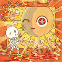 Illustration of a small cartoon skeleton standing to face a large, gold cartoon sun with bright rays and a winking expression. The skeleton holds its fists up in fighting stance and the area around them is ablaze.