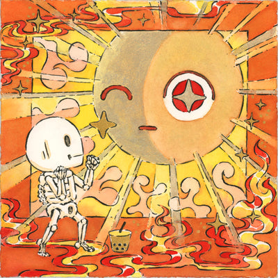 Illustration of a small cartoon skeleton standing to face a large, gold cartoon sun with bright rays and a winking expression. The skeleton holds its fists up in fighting stance and the area around them is ablaze.