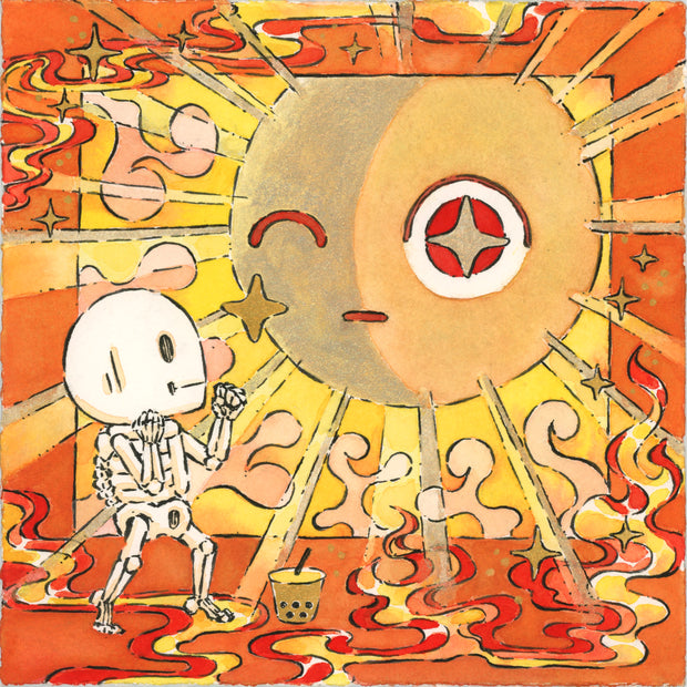 Illustration of a small cartoon skeleton standing to face a large, gold cartoon sun with bright rays and a winking expression. The skeleton holds its fists up in fighting stance and the area around them is ablaze.