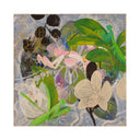 Painting of a light pink mantis, surrounded by 2 green mantises. All sit on a variety of leaves of different transparencies and colors, assembled like a collage of sorts. A thin woman stands in the center of the piece.