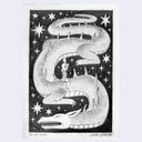 A black and white hand-drawn illustration of a dragon wrapped around under a starry night sky, presented on a white paper background with a light gray outer border.