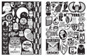 Open 2 page zine booklet spread of scanned and illustrated black and white imagery of cartoon owls.