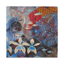 Painting of 2 very large fish: one line art style in blue paint and the other red with gold scales. Background of piece consists of many abstract elements and bluish gray color. A row of white and blue flowers lines the bottom and a tiny thin woman stands and faces the fish.