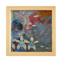 Painting of 2 very large fish: one line art style in blue paint and the other red with gold scales. Background of piece consists of many abstract elements and bluish gray color. A row of white and blue flowers lines the bottom and a tiny thin woman stands and faces the fish.