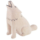 White wooden figurine of a wolf, with its head tilted back and its eyes closed. It howls with its mouth open.