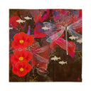 Painting of bright red flowers on a dark burgundy background. A large white line art dragonfly is the focal point, with a small woman turned to look at it. Piece has many different semi abstract nature elements such as leaves, fish and flowers to give the piece a collage feel.