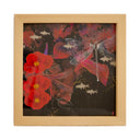 Painting of bright red flowers on a dark burgundy background. A large white line art dragonfly is the focal point, with a small woman turned to look at it. Piece has many different semi abstract nature elements such as leaves, fish and flowers to give the piece a collage feel.