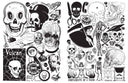 Open 2 page zine booklet spread of scanned and illustrated black and white imagery of skulls and skeletons.