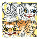 Illustration of 2 cartoon tigers, stacked atop one another - the top is white and the bottom is orange. Small cartoon skeleton stand about the scene.