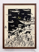 Black ink illustration of a series of air ships flying over a fantasy inspired village with cone shaped roofs. Many clouds float among the ships and building tops.