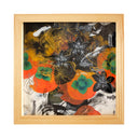 Painting of persimmons made up of many painterly elements, made to look like a collage. Elements include: black flowers, black and gold painterly brush strokes, simplistic fish and leaves and a small woman standing in the bottom left corner, looking up.
