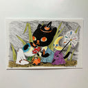 Drawing of a black cat standing amongst other characters such as a ghost, an eye ball and a moon.
