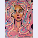 A colorful artwork depicting a woman's face with snakes wrapped through her hair and around her shoulders, rendered in pink, blue, peach, and cream tones on a light gray background. She has a serious, slightly angered expression.