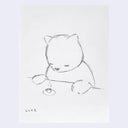 Graphite sketch of a bear sitting at a table, with a small cup of hot coffee in front of him.