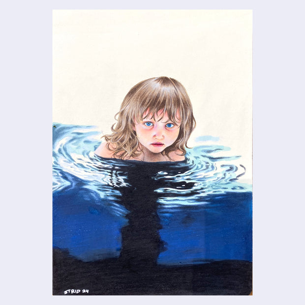 Color pencil drawing of a small blonde child half submerged in a body of water, looking surprised.