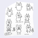 Sheet of black line art illustrations featuring various cartoon monsters on a white background.