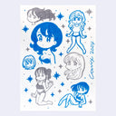 Greyish purple and blue ink drawing on white paper of many cute anime style girls, in various poses and cute outfits.