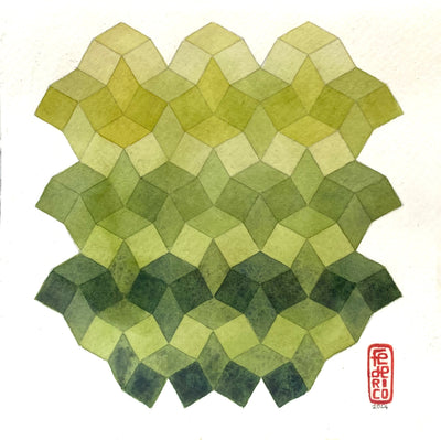 Geometric watercolor painting of green squares, warped slightly to have bent edges. Squares are all green, from light shade to darker.