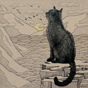 A stylized illustration of a black cat sitting on a rocky ledge and looking out over layered waves under a pale yellow sun, with birds and clouds in the sky. The artwork uses fine linework on a warm beige background.