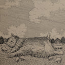 A monochrome illustration of a large cat lying stretched out in a grassy field with sheep, trees, a small house, and clouds in the sky.
