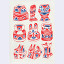Series of geometric shapes, modeled to look like towers or vases of sorts using red and blue colored pencils.