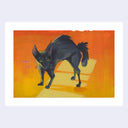 Painting of a black cat, standing on an orange background that has sunlight shaped like a window on the ground.