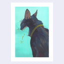 A stylized painting of a black cat with a yellow collar, set against a turquoise background with a wide white border.