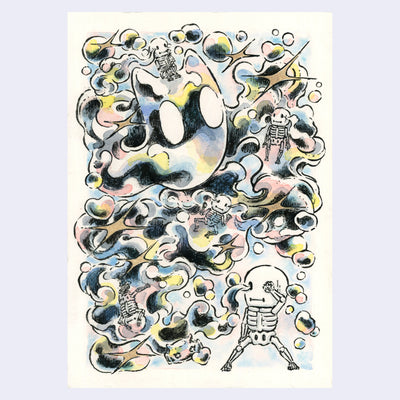 Ink and watercolor illustration of a small cartoon skeleton, crying out tears of colorful bubbles, with form into the shape of a ghost cat.