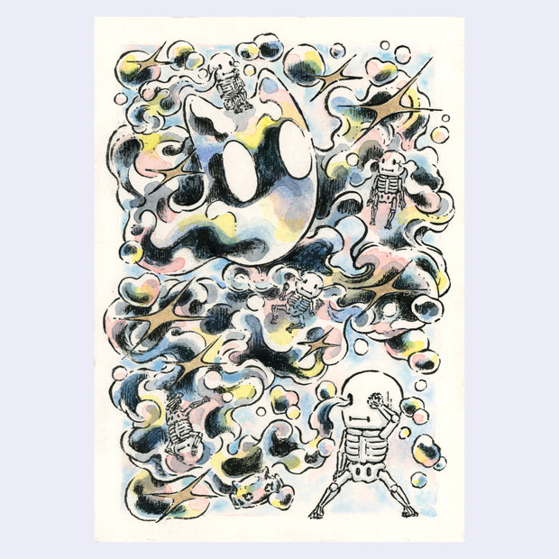 Ink and watercolor illustration of a small cartoon skeleton, crying out tears of colorful bubbles, with form into the shape of a ghost cat.