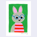 Art of a cartoon bunny with pink ears, blue glasses, and a red and pink striped shirt against a green background, shown on a white card with a light lavender border.