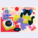 Colorful illustration of a black cartoon cat wearing clothes and sitting on the floor spinning records on a vinyl player, drawn on top of an old mailer page.