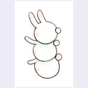 A simple line-art illustration of a white bunny with long ears, small pink cheeks, and three round body sections, centered on a white background with a light lavender border.