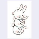 A cute cartoon illustration of three stacked white rabbits with pink cheeks and simple black outlines, centered on a white background with a light lavender border.