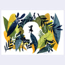 Illustration of a small silhouetted girl balancing on a leaf, in the foreground of a white silhouetted woman's head surrounded by green, yellow and blue leaves.