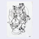 Ink sketch of many people drawn on top of one another, with a man wearing a beanie on the left side.