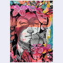 Collage style illustration of a woman's face, rendered in graphite with colorful flowers and nature motifs around her.
